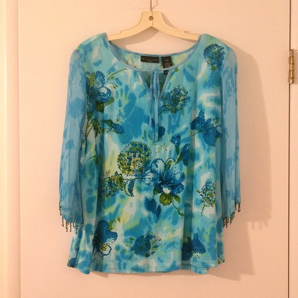 Apostrophe Tops - Apostrophe Woman Blue Floral 3/4 Sleeve Top Blouse Flowers Sequins Beads 16-18W